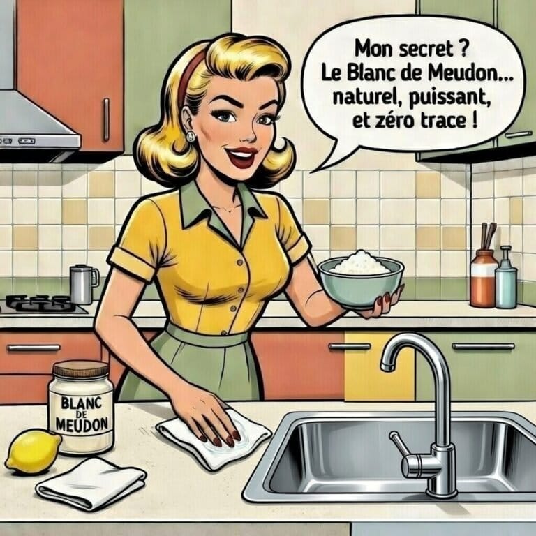 Illustration rétro d’une femme souriante dans une cuisine, tenant un bol de poudre blanche et nettoyant un plan de travail. À côté d’elle se trouvent un pot de Blanc de Meudon, un citron et un chiffon. Une bulle de dialogue indique qu’elle vante les qualités naturelles et efficaces du produit.