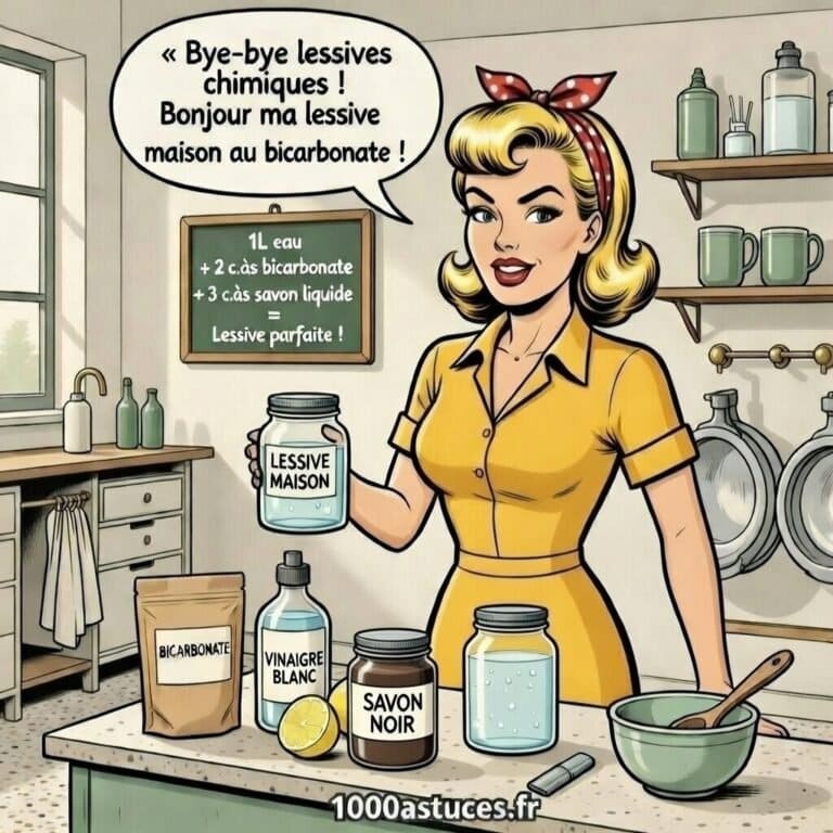 Femme rétro en cuisine tenant un bocal de lessive maison, ingrédients naturels sur le plan de travail : bicarbonate, savon noir, vinaigre, citron