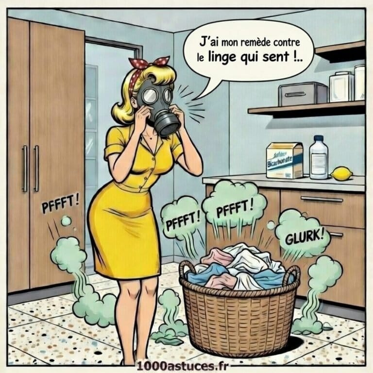 Femme avec masque à gaz devant un panier de linge qui sent mauvais, bicarbonate et remèdes naturels contre les mauvaises odeurs du linge