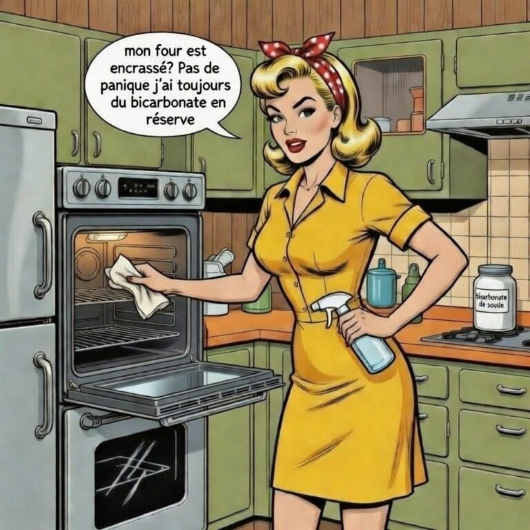 Mina dans un décor pop , nettoie un four encrassé avec du bicarbonate