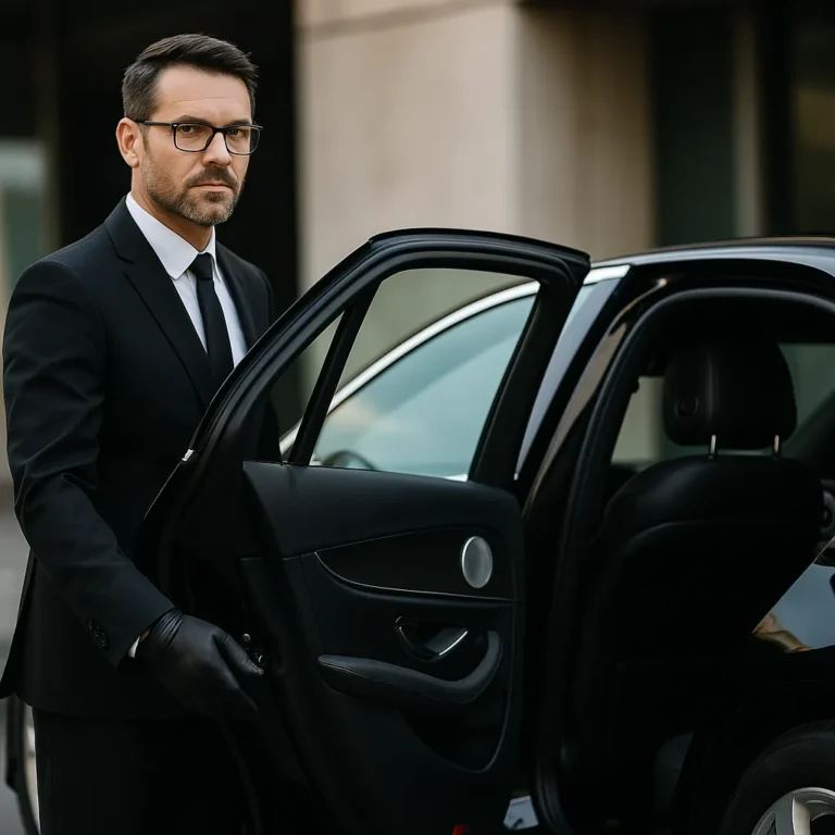 Chauffeur DS Prestige Driver ouvrant la porte d’une Mercedes Classe E