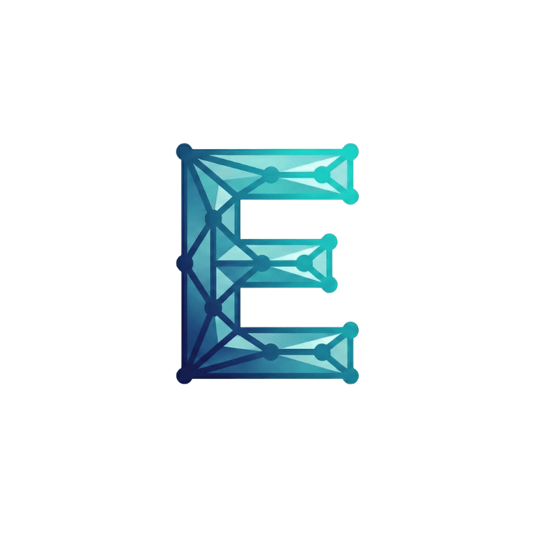 Logo minimaliste Essihault : Monogramme lettre E stylisé avec design géométrique moderne bleu et cyan.