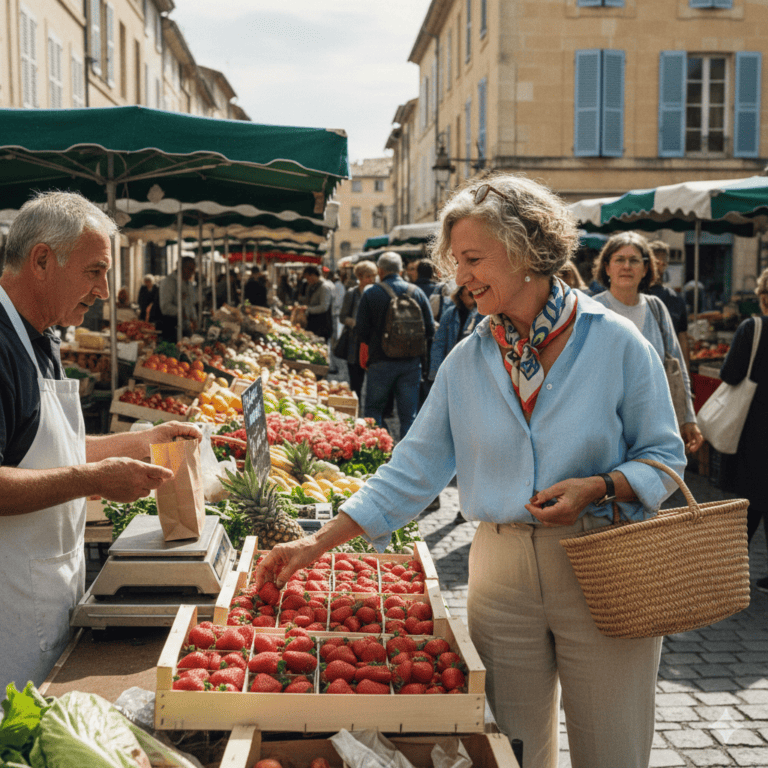 Eine Frau, Mitte 60, kauft auf einem französischen Markt frische Erdbeeren