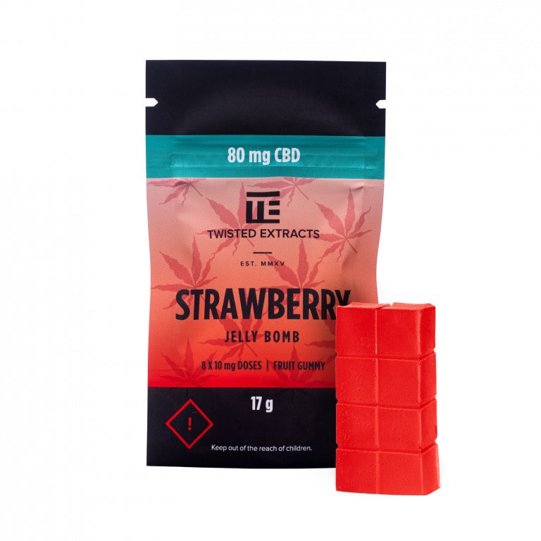 Strawberry CBD jelly edible by Twisted Extracts, 80mg pack with 8 x 10mg scored portions for adults 21+ in Canada.