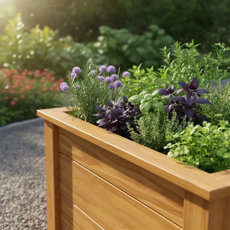 Hochbeet aus Lärchenholz im sonnigen Garten mit Kräutern