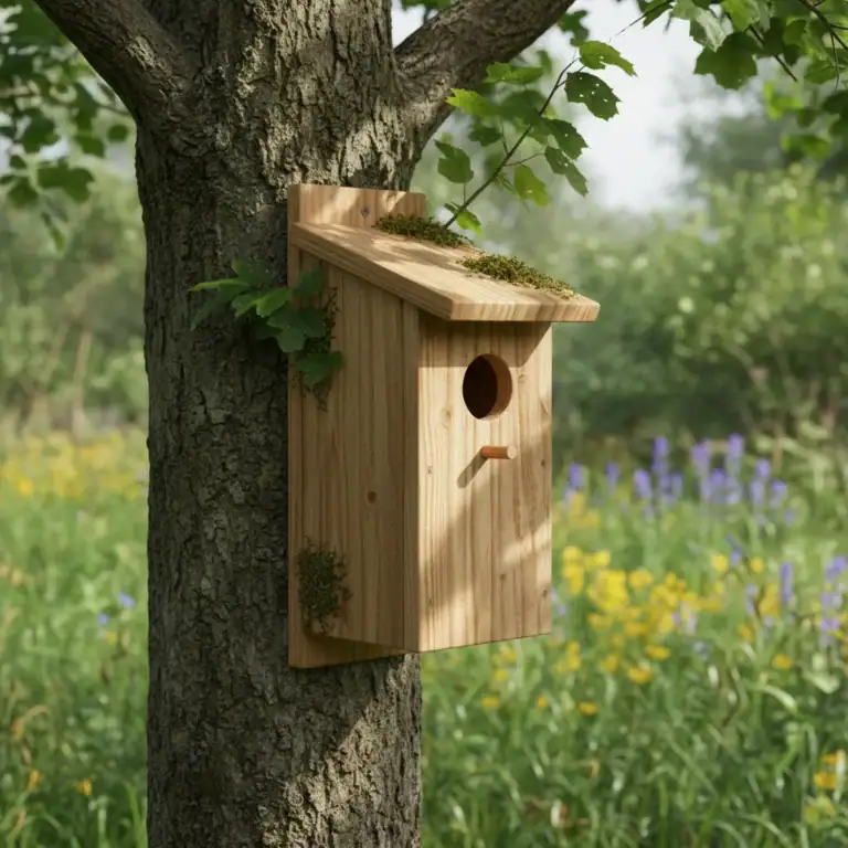 Nistkasten aus Holz an einem Baumstamm montiert