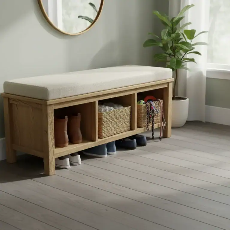 Holz-Sitzbank mit Stauraum und Sitzkissen im Flur