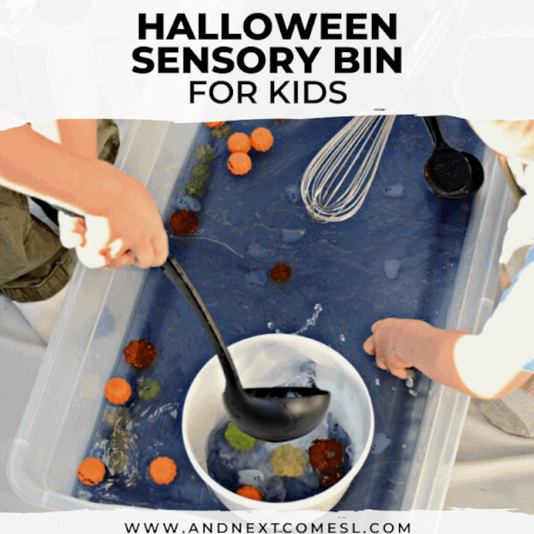 Kids playing with Halloween themed soup sensory bin