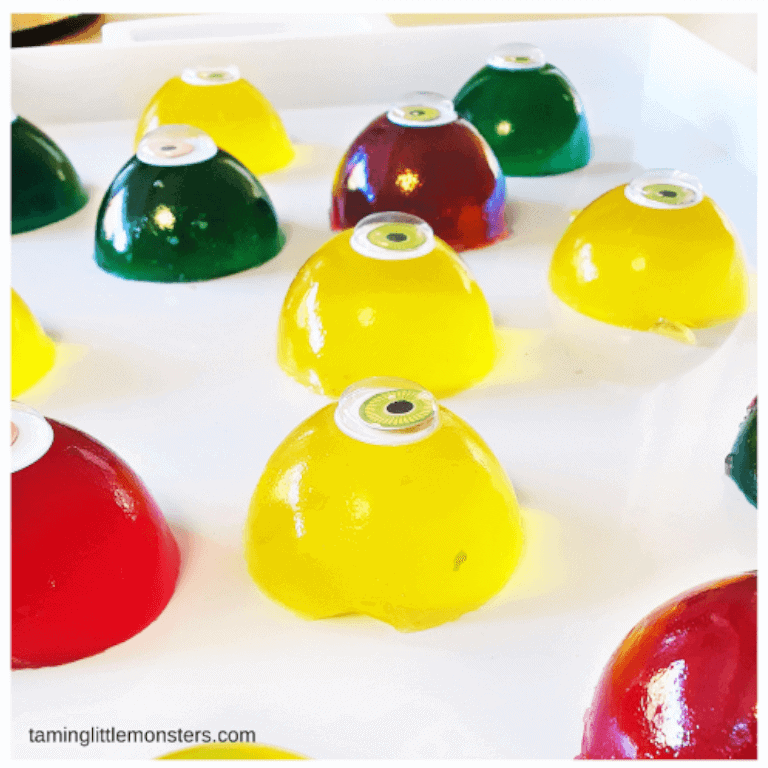 Halloween sensory bin featuring jello eyeballs