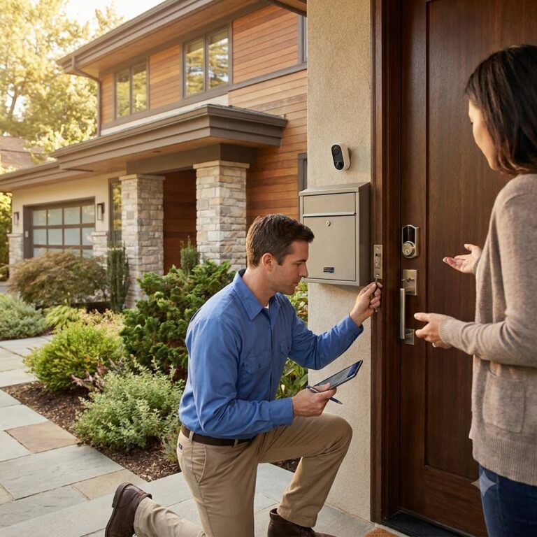 Locksmith assessing door security hardware in Maryland