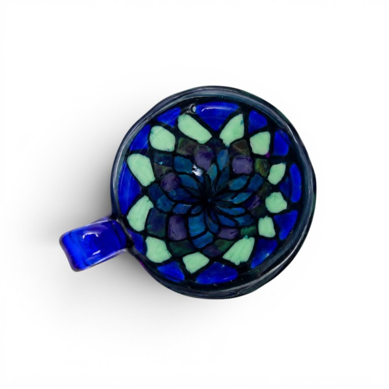 Cobalt Mandala Glass Pendant handcrafted glass pendant with blue, teal, mint, and violet mandala-inspired design.