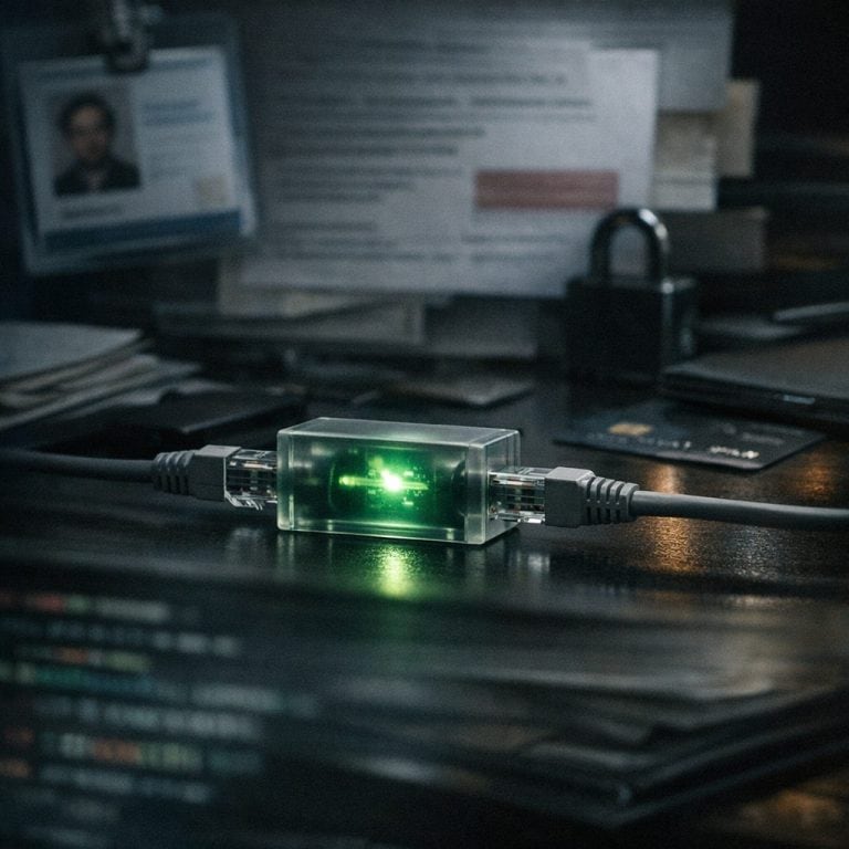 Mesa de engenharia em low light com reflexo de código e inspeção de tráfego para compliance em IA no setor financeiro