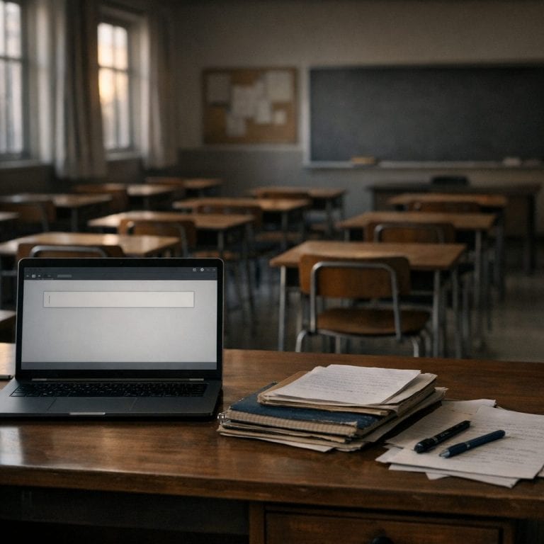 Sala de aula com notebook aberto e cadernos, ilustrando o uso de IA na escola e seus riscos sem regras claras