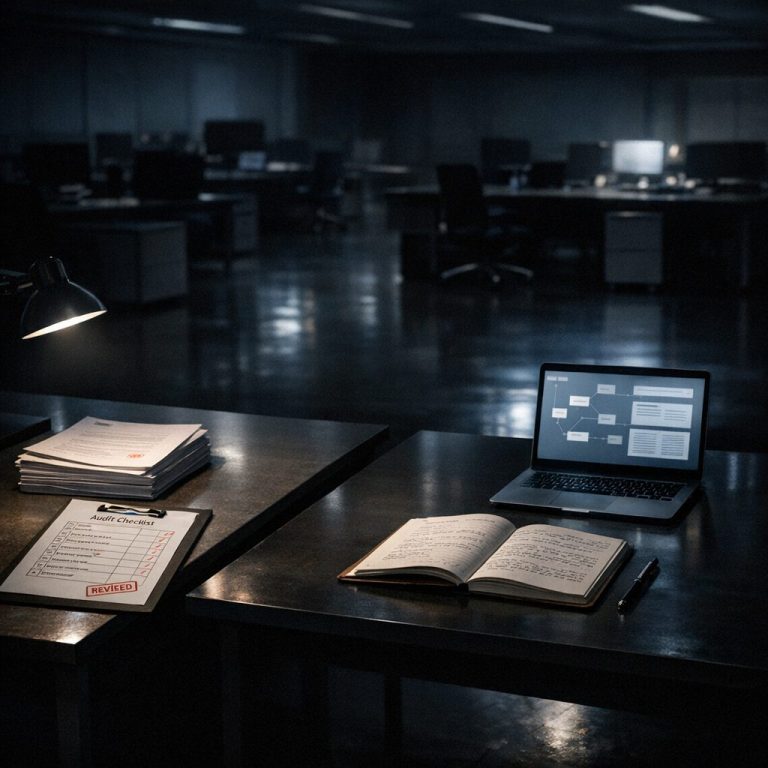 Sala de operação corporativa com governança, auditoria e fluxos organizados para squads cognitivos em empresas reguladas