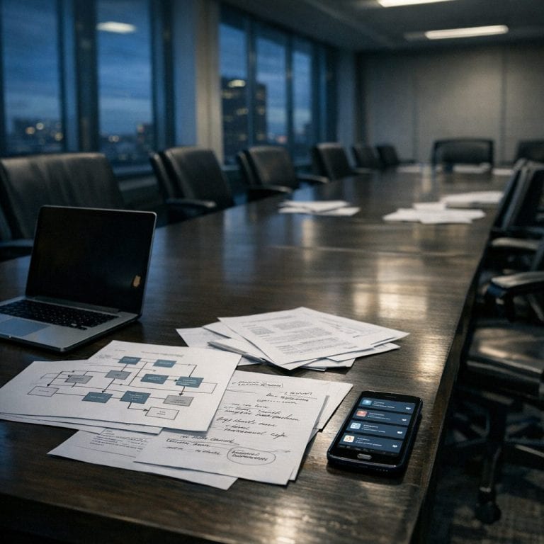 Sala de reunião corporativa vazia no fim do dia, com notebook aberto, fluxos impressos e celular com notificações de apps de IA sobre a mesa; clima de urgência silenciosa e decisão tardia.