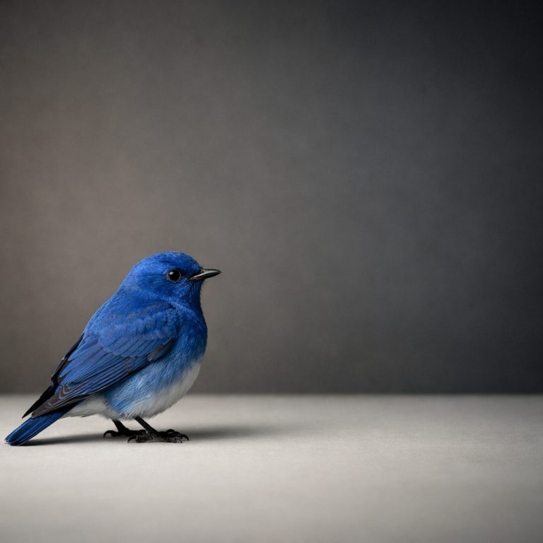 Passarinho azul em estética editorial minimalista sobre fundo sóbrio e escuro