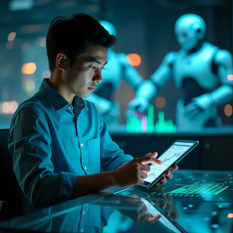 A hyperrealistic image capturing a poised young professional reviewing digital financial charts on a sleek tablet, illuminated by ambient blue and green reflections from a modern glass desk. In the backdrop, stylized robotic arms and data overlays subtly allude to artificial intelligence seamlessly augmenting the world of investing. The scene’s purposeful and optimistic mood embodies confidence in embracing automation within financial decision-making.