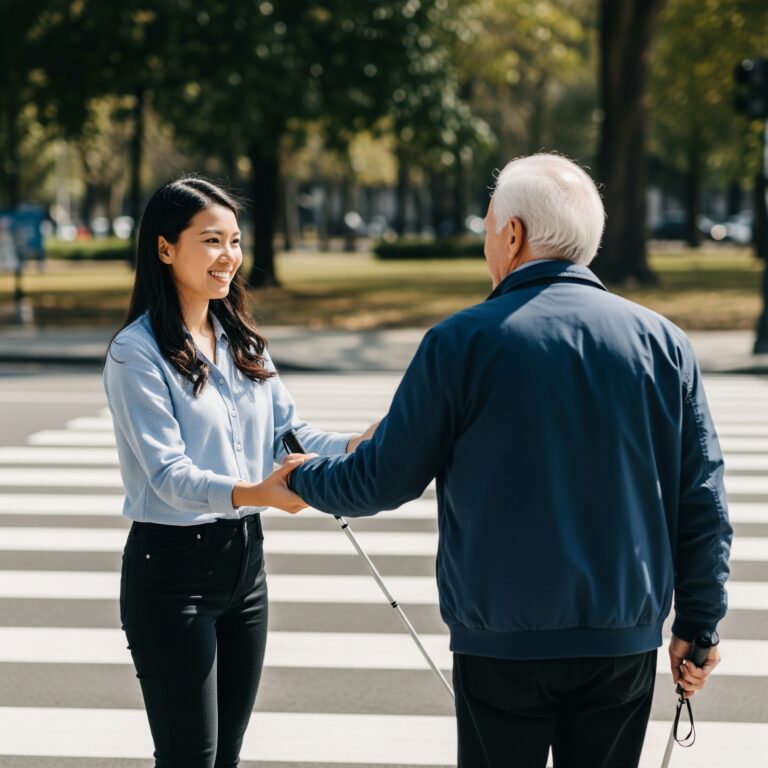 A young woman smiles and holds hands with an older man using a white cane on a zebra crossing.