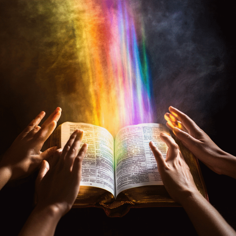 A book with colorful light emerging from its pages, surrounded by several hands.