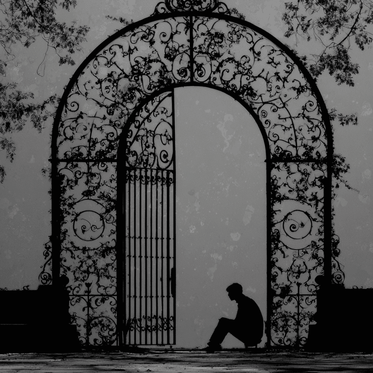Black and white image of an ornate wrought iron gate with a silhouetted figure sitting at the base.