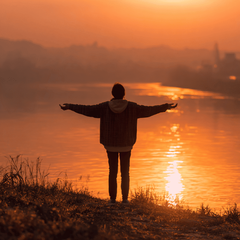 Person with arms outstretched at sunset by a body of water.