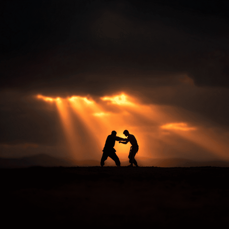 Silhouetted figures in a dramatic sunset with sun rays breaking through clouds.