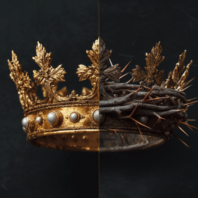 A composite image of a richly decorated golden crown transitioning into a thorn-covered half.