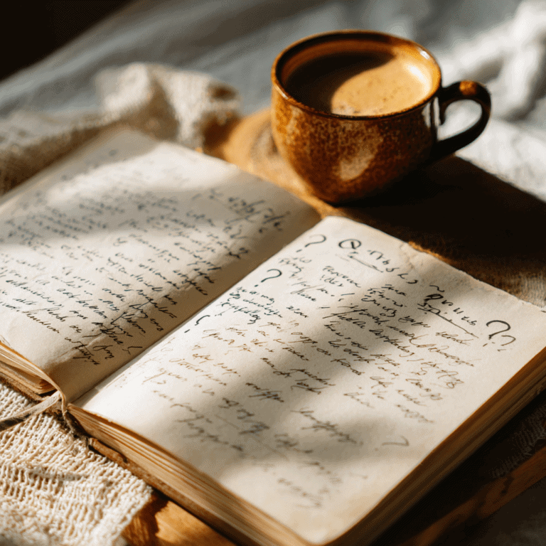 Open notebook with handwritten text and a mug of coffee in warm lighting.