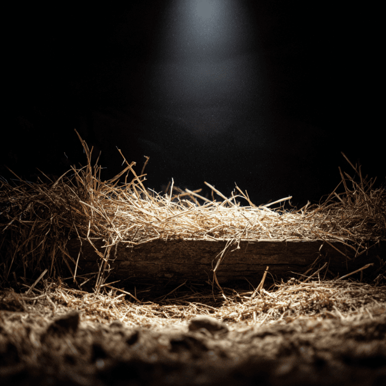 A spotlight illuminating a bed of straw on a wooden surface in an otherwise dark setting.