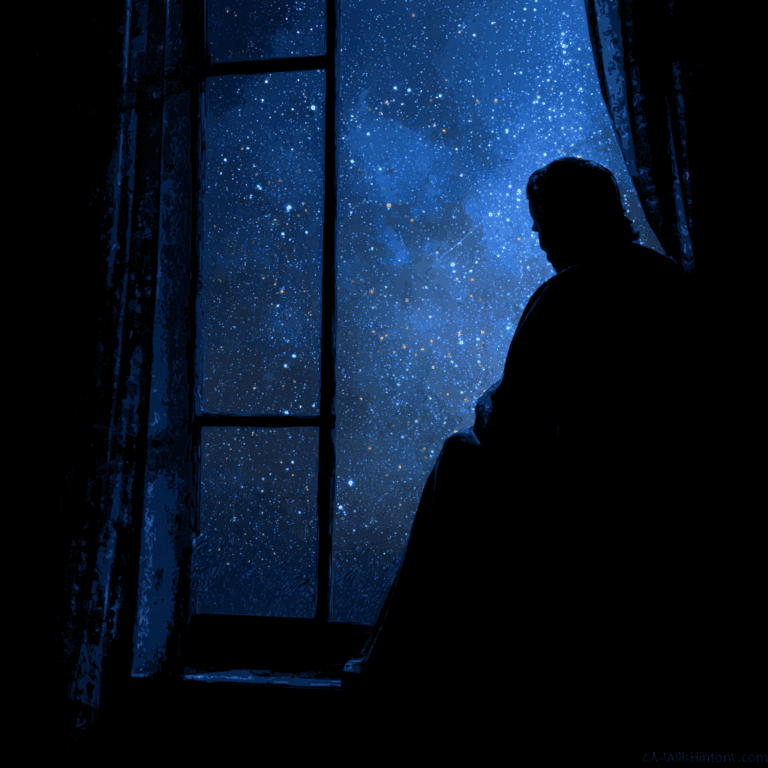 Silhouette of a person sitting by a window, looking at a starry night sky.