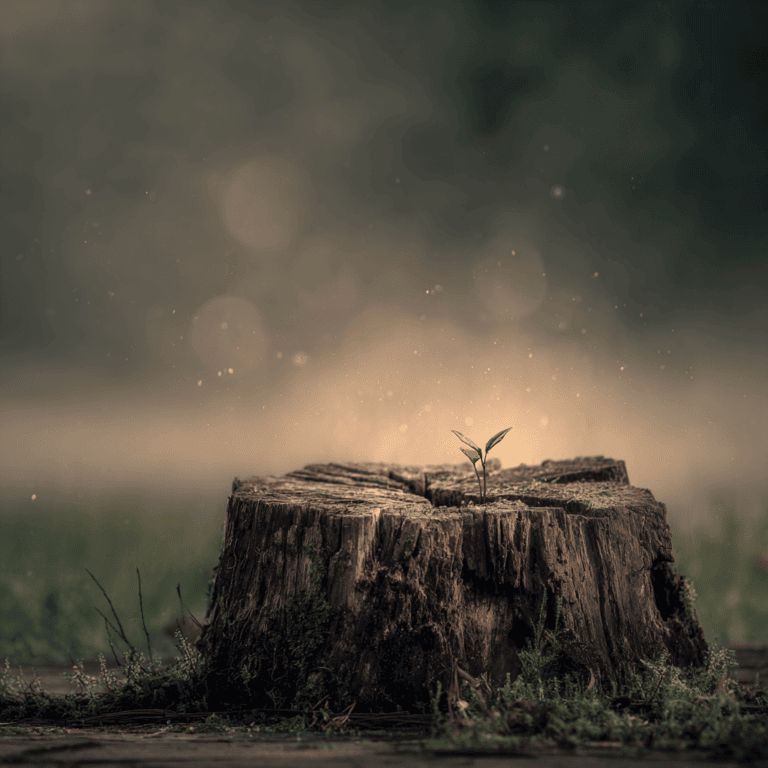A small seedling grows from a moss-covered tree stump with a blurred, glowing background.