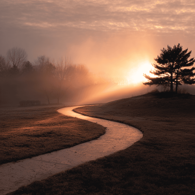 A winding path lit by sunrise, with a silhouetted pine tree and foggy atmosphere.