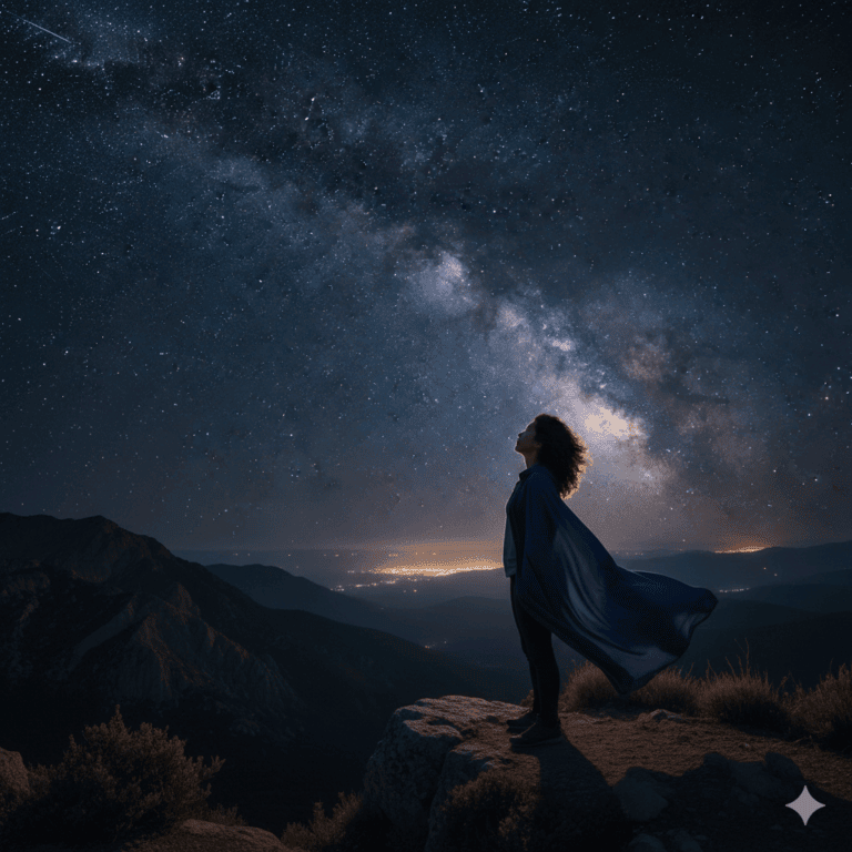 Person gazing at star-filled night sky, reflecting the wise men following the star to Jesus