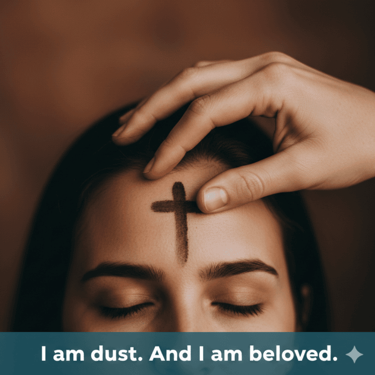"A hand applies a black ash cross on a person's forehead." Transcribed Text: "I am dust. And I am beloved."