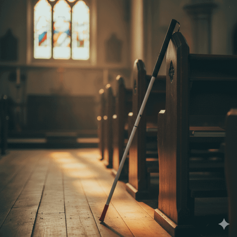 A white cane with a red tip leans against a wooden pew in a sunlit church interior.
