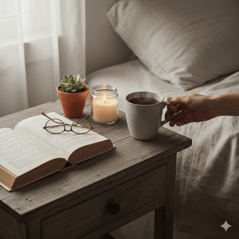 A nightstand with an open book, eyeglasses, a succulent, a lit candle, and a steaming mug next to a bed.