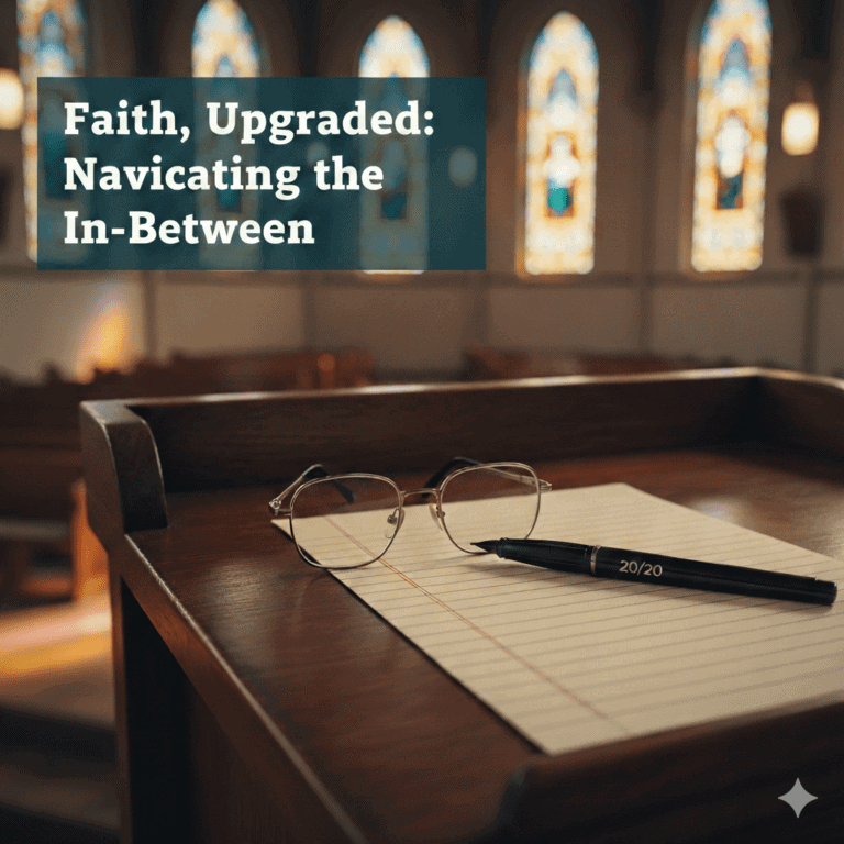 A church podium with glasses, a yellow notepad, and a black pen engraved with "20/20" in front of stained glass windows. Transcribed Text: Faith, Upgraded: Navigating the In-Between