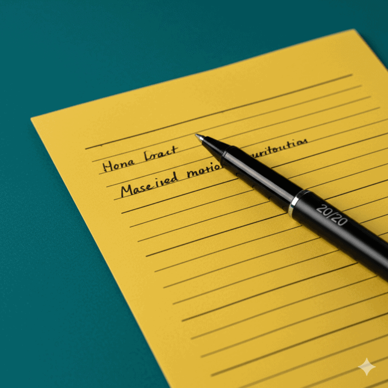 Yellow lined notepad with a black pen on a green surface.