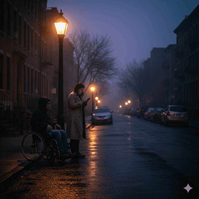 A person in a wheelchair and another person standing under a street lamp on a misty, wet urban street at dusk.