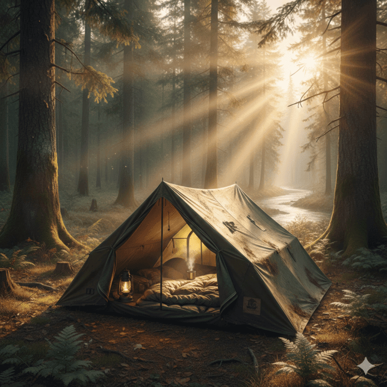 A tent in a sunlit forest with glowing lantern and morning light.