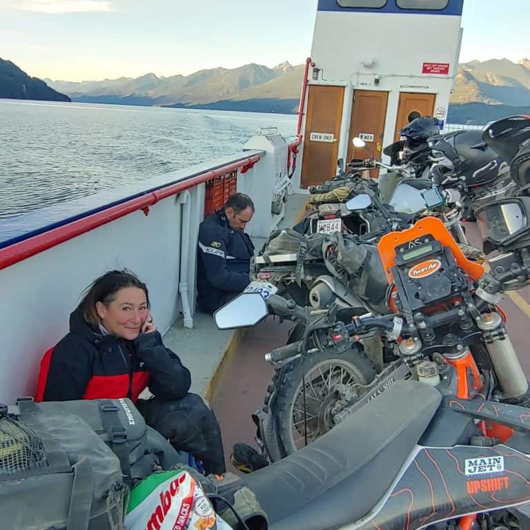 motorcycle riders resting travelling on Kootenay Lake ferry