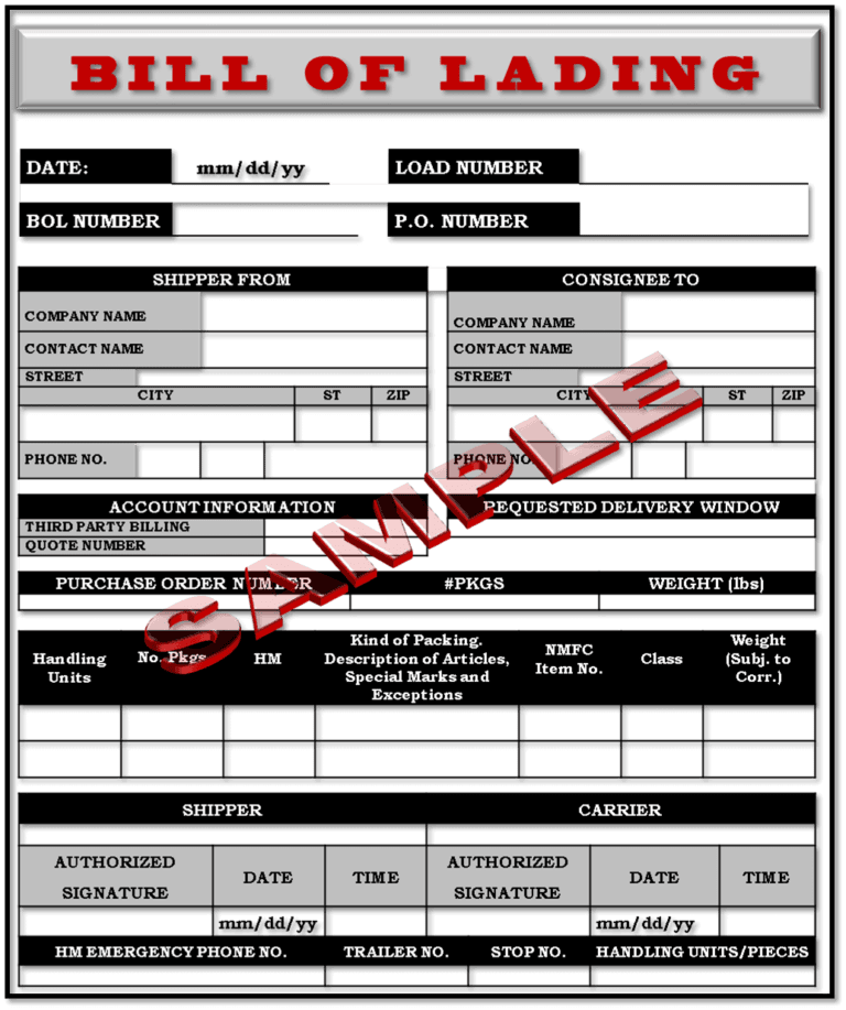 Sample bill of lading