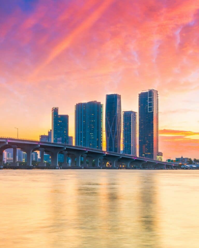 Miami skyline and bridge at sunset
