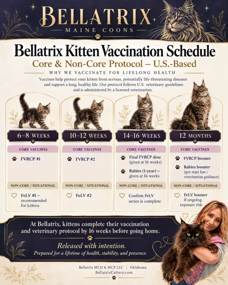 Bellatrix Maine Coon kitten vaccination and veterinary care timeline from 7.5 to 16 weeks.