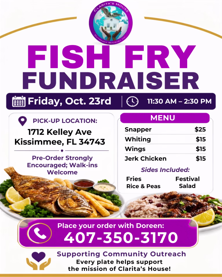 Fundraiser flyer for a fish fry event with event details, menu, and contact info. Includes images of fried fish, sides, and a call to support Claritas House Community Outreach.