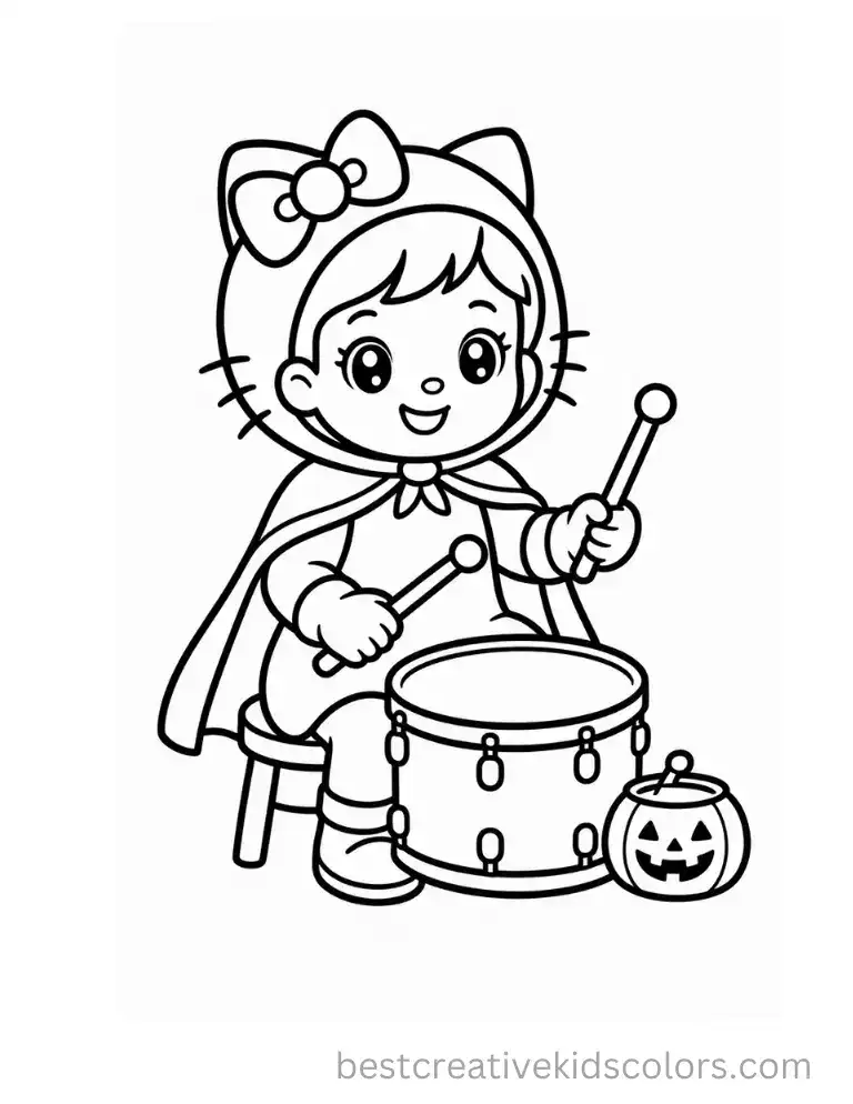 Small child wearing a cat costume playing a drum with a jack-o'-lantern basket coloring page.