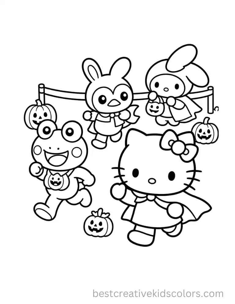 Playful cartoon animals running in Halloween costumes with jack-o'-lanterns coloring pages.