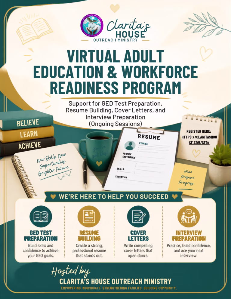 Flyer for Claritas House Outreach Ministrys free virtual program offering GED help, resume and cover letter building, and interview preparation. Includes icons, a laptop image, and contact info.