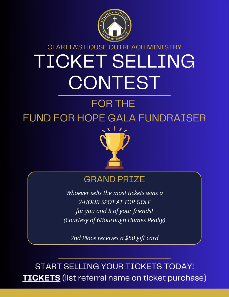 A flyer for Claritas House Outreach Ministrys Ticket Selling Contest with gold text on a blue background, featuring a trophy graphic and details about prizes for the Fund for Hope Gala Fundraiser.