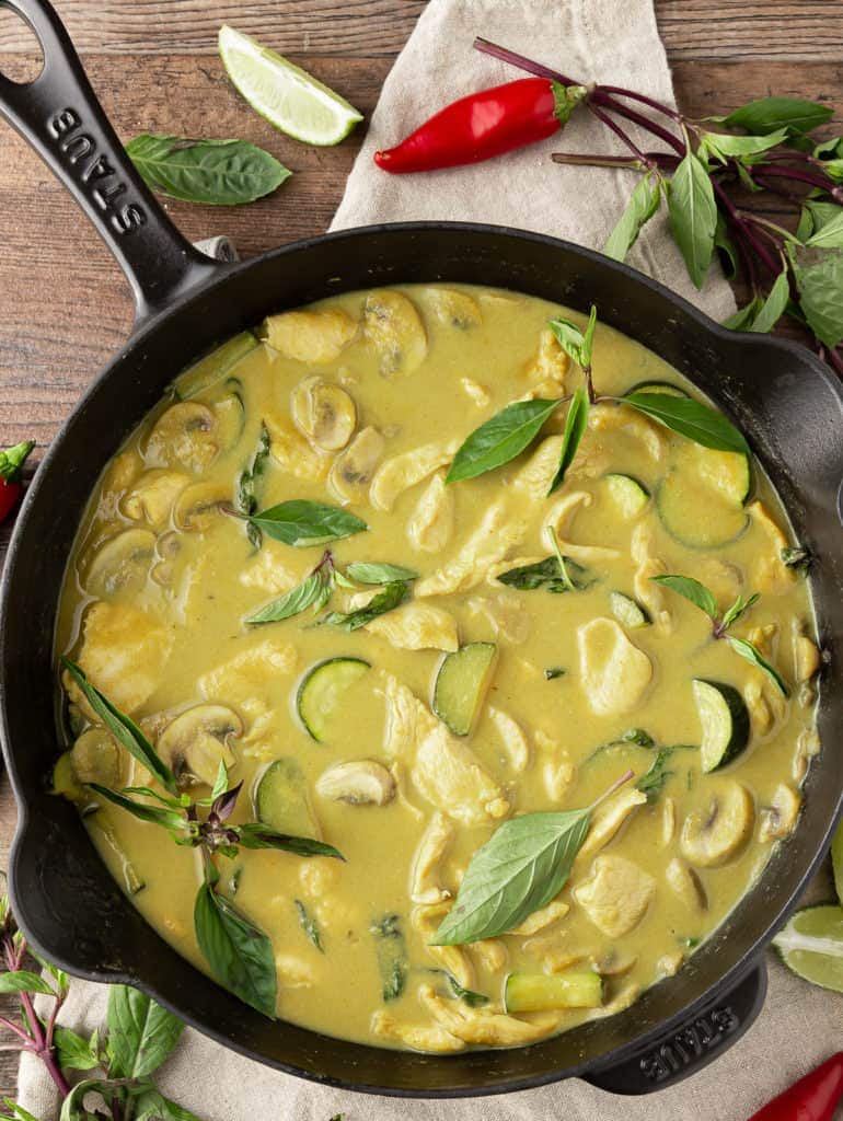 thai green curry in a pan